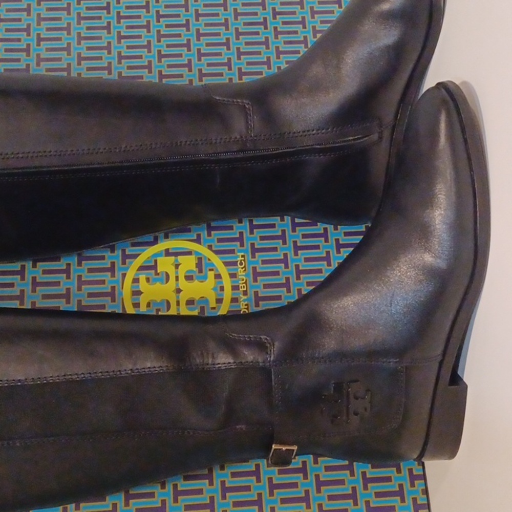 TORY BURCH Black Leather Logo Riding Boots Knee High Stretch Calf Insert
